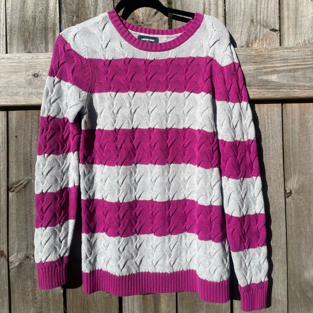 Lands' End Pink and Gray Cable Knit Sweater Size S